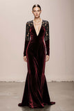 Dark Green V-Neck Velvet Mermaid Long Formal Dress with Lace